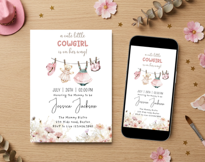 Little Cowgirl Baby Shower Invitation Template | Editable Canva Template | 5x7in & WhatsApp | Digital Download