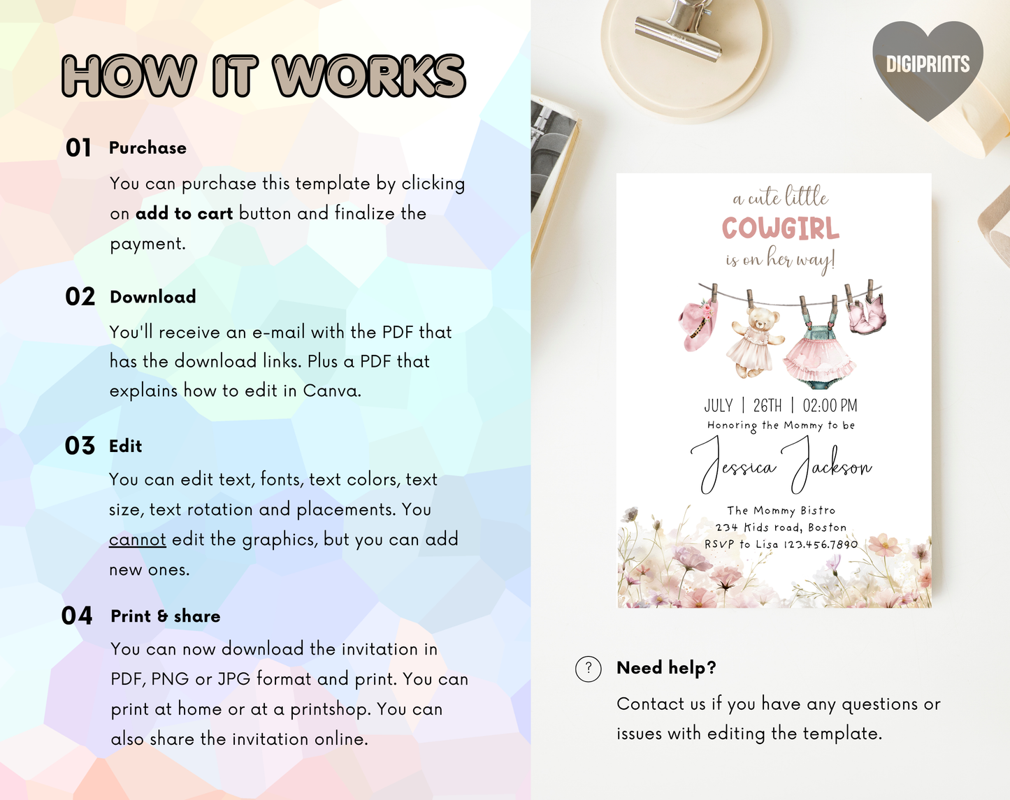 Little Cowgirl Baby Shower Invitation Template | Editable Canva Template | 5x7in & WhatsApp | Digital Download