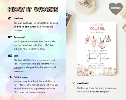 Little Cowgirl Baby Shower Invitation Template | Editable Canva Template | 5x7in & WhatsApp | Digital Download