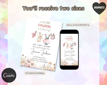 Little Cowgirl Baby Shower Invitation Template | Editable Canva Template | 5x7in & WhatsApp | Digital Download
