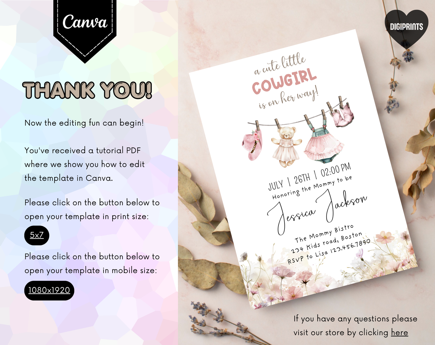 Little Cowgirl Baby Shower Invitation Template | Editable Canva Template | 5x7in & WhatsApp | Digital Download