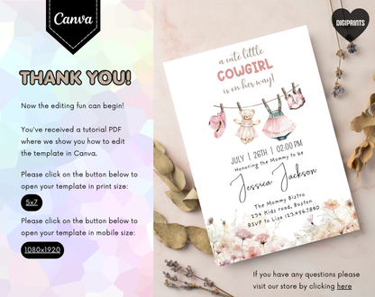 Little Cowgirl Baby Shower Invitation Template | Editable Canva Template | 5x7in & WhatsApp | Digital Download