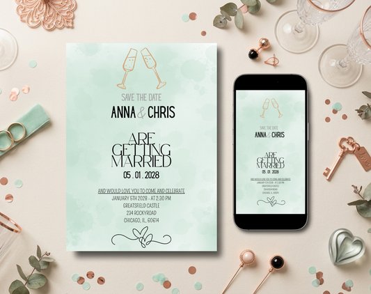 Save the Date Wedding Invitation Template Sage Green | Editable Canva Template | 5x7in & WhatsApp | Digital Download