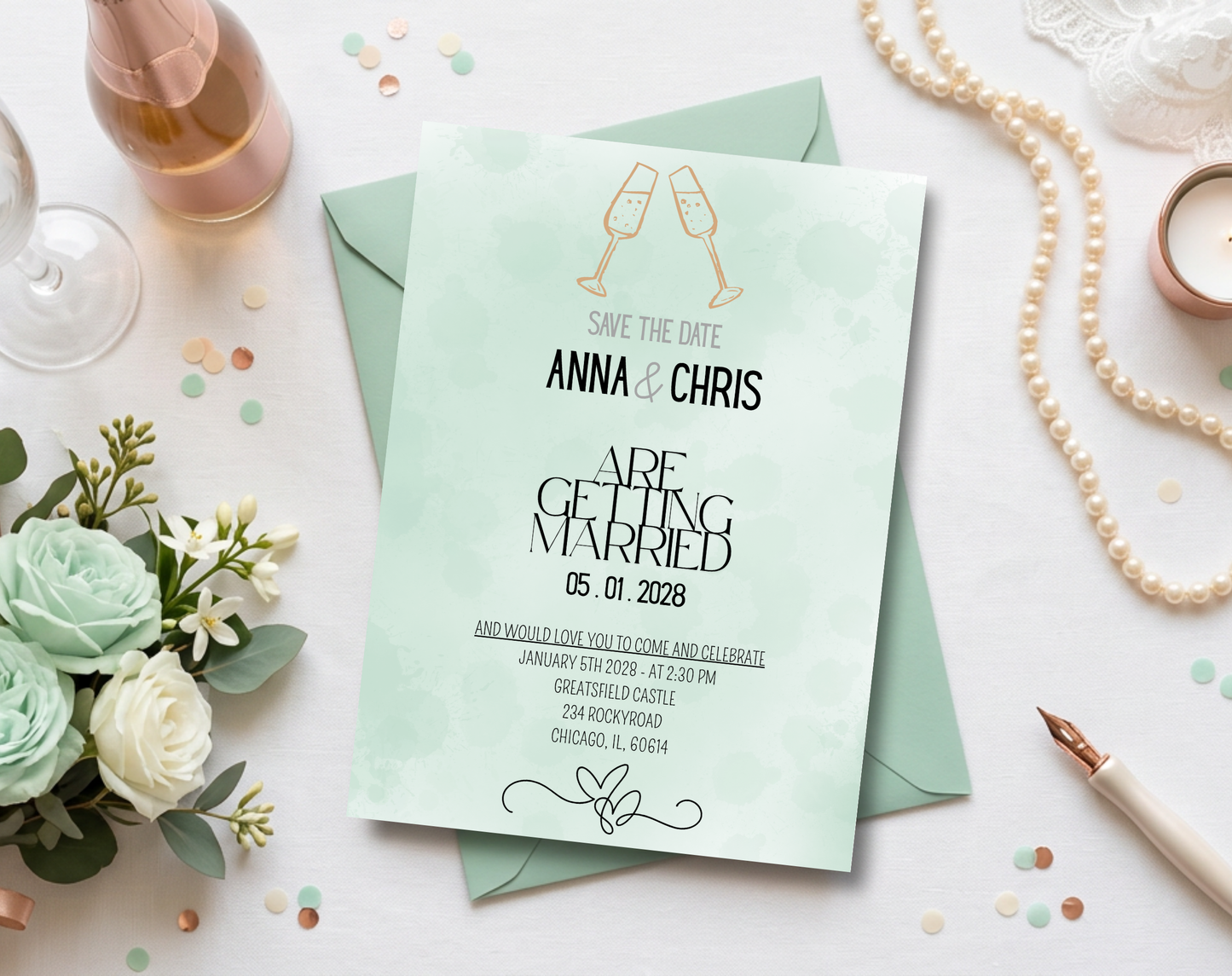 Save the Date Wedding Invitation Template Sage Green | Editable Canva Template | 5x7in & WhatsApp | Digital Download