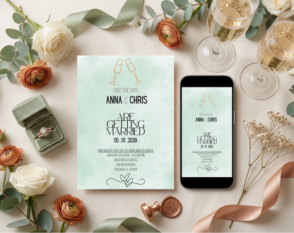 Save the Date Wedding Invitation Template Sage Green | Editable Canva Template | 5x7in & WhatsApp | Digital Download