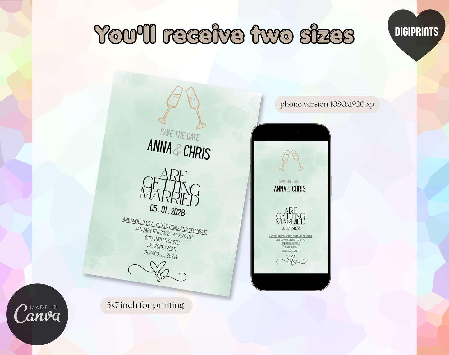 Save the Date Wedding Invitation Template Sage Green | Editable Canva Template | 5x7in & WhatsApp | Digital Download