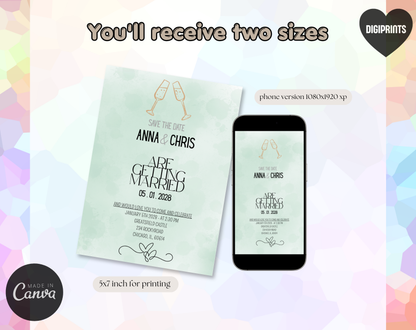 Save the Date Wedding Invitation Template Sage Green | Editable Canva Template | 5x7in & WhatsApp | Digital Download