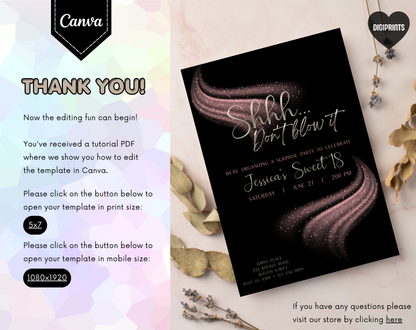 Surprise Sweet 18 Birthday Invitation Template Black Pink | Editable Canva Template | 5x7in & WhatsApp | Digital Download