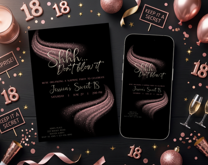 Surprise Sweet 18 Birthday Invitation Template Black Pink | Editable Canva Template | 5x7in & WhatsApp | Digital Download