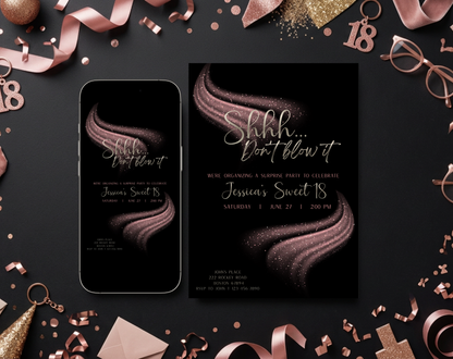 Surprise Sweet 18 Birthday Invitation Template Black Pink | Editable Canva Template | 5x7in & WhatsApp | Digital Download