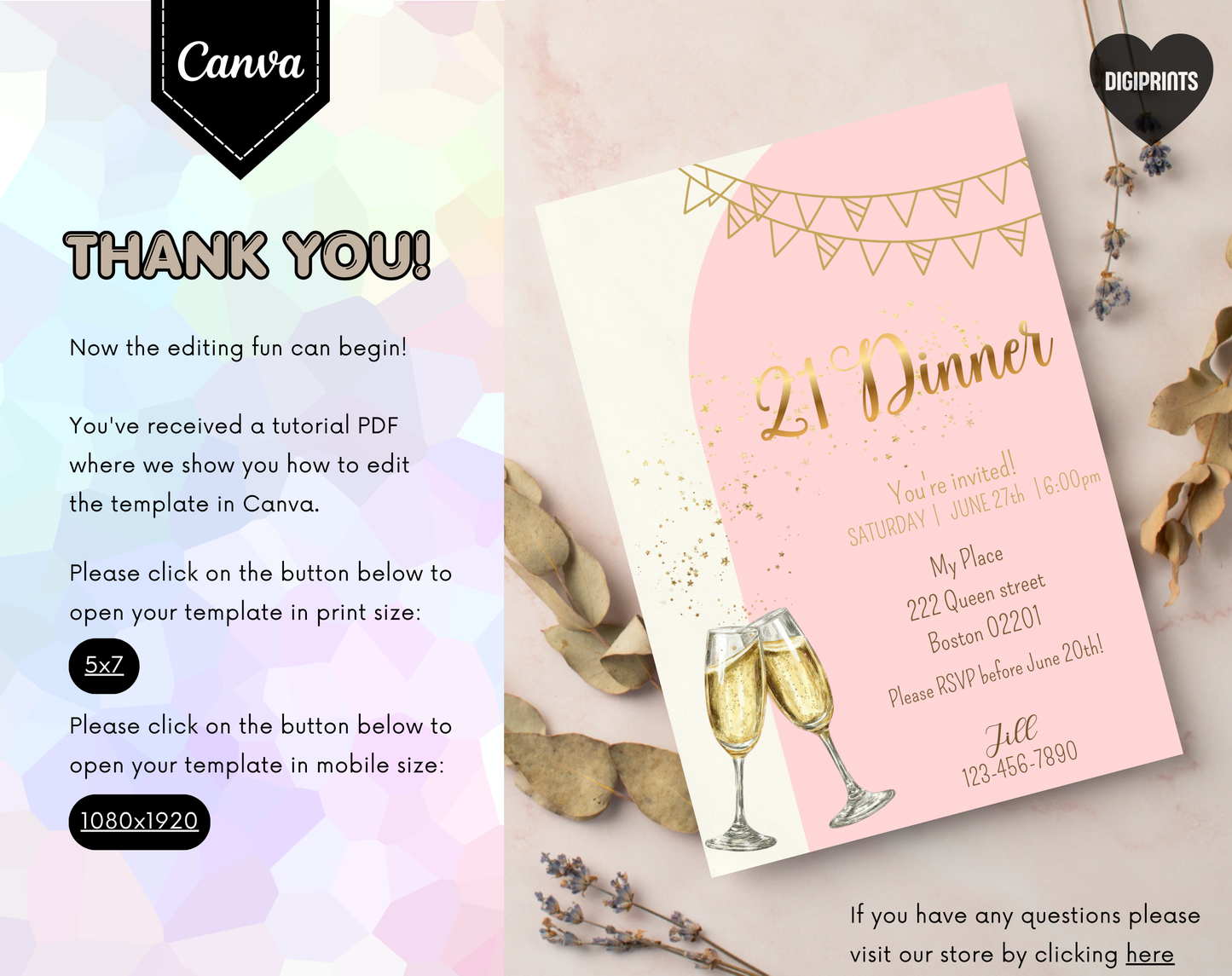 21st Birthday Dinner Invitation Template Gold Pink | Editable Canva Template | 5x7in & WhatsApp | Digital Download