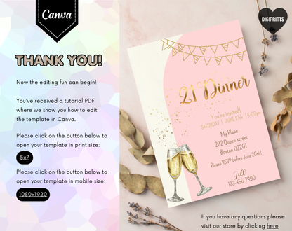 21st Birthday Dinner Invitation Template Gold Pink | Editable Canva Template | 5x7in & WhatsApp | Digital Download