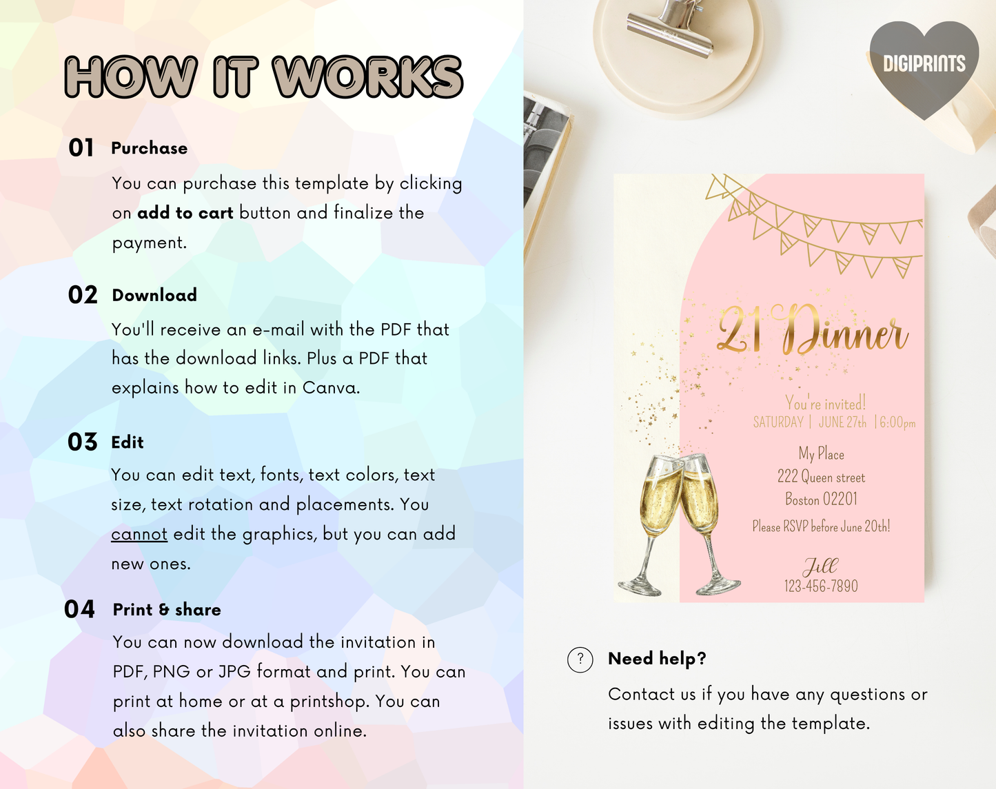 21st Birthday Dinner Invitation Template Gold Pink | Editable Canva Template | 5x7in & WhatsApp | Digital Download