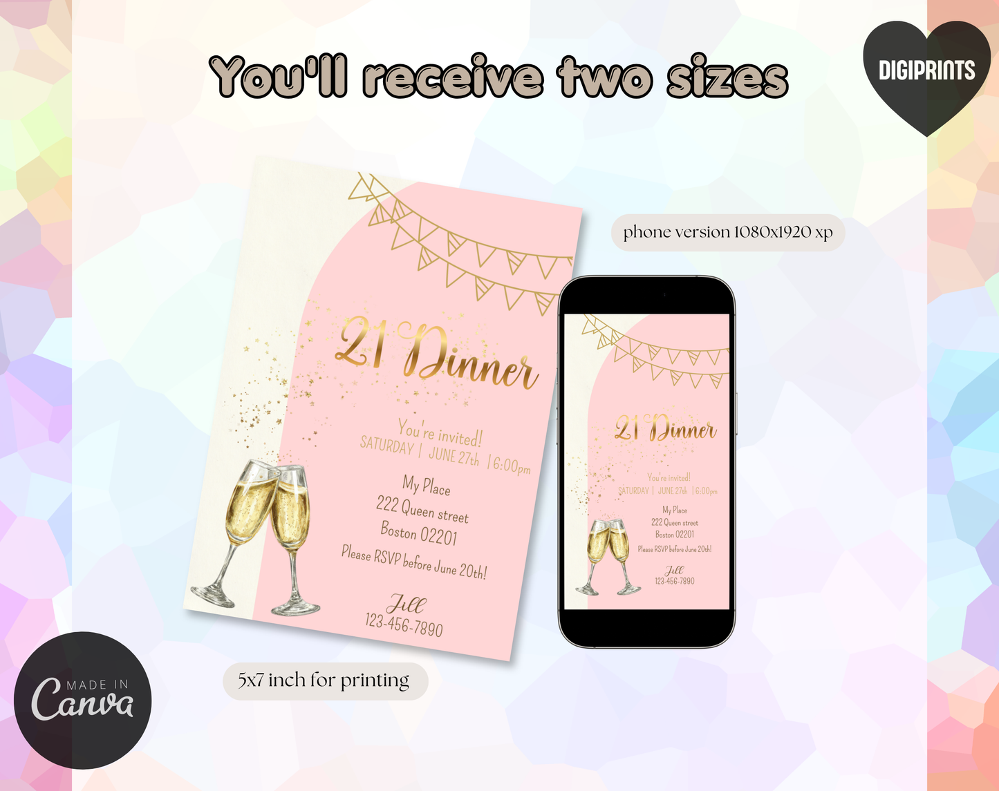 21st Birthday Dinner Invitation Template Gold Pink | Editable Canva Template | 5x7in & WhatsApp | Digital Download