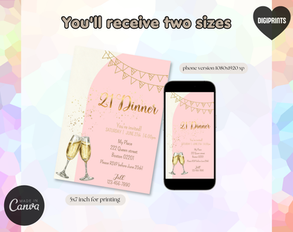 21st Birthday Dinner Invitation Template Gold Pink | Editable Canva Template | 5x7in & WhatsApp | Digital Download
