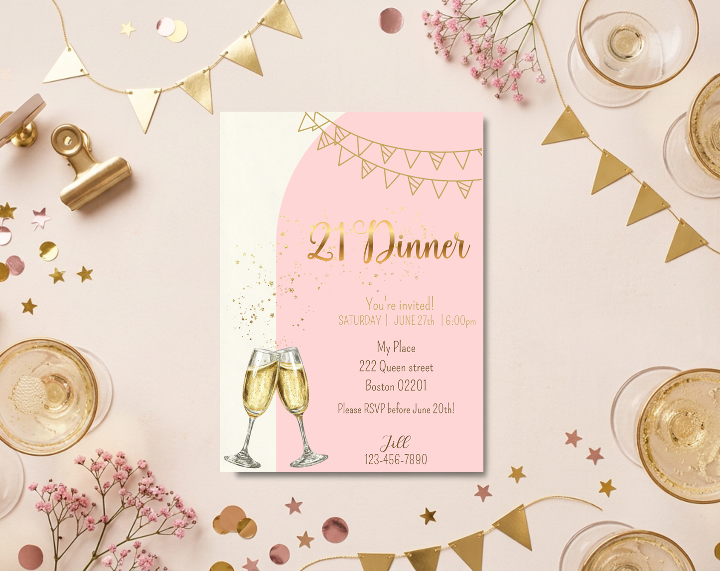 21st Birthday Dinner Invitation Template Gold Pink | Editable Canva Template | 5x7in & WhatsApp | Digital Download