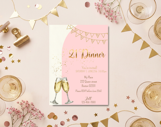 21st Birthday Dinner Invitation Template Gold Pink | Editable Canva Template | 5x7in & WhatsApp | Digital Download