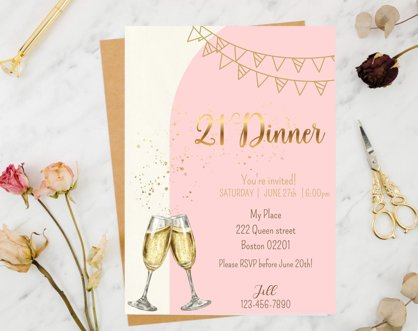 21st Birthday Dinner Invitation Template Gold Pink | Editable Canva Template | 5x7in & WhatsApp | Digital Download