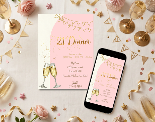 21st Birthday Dinner Invitation Template Gold Pink | Editable Canva Template | 5x7in & WhatsApp | Digital Download