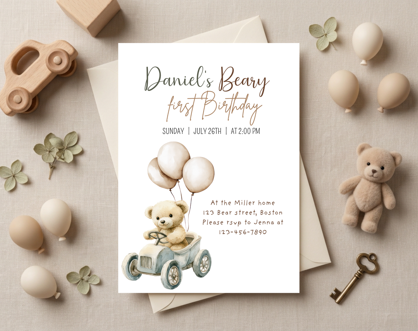 Teddy Bear First Birthday Invitation Template | Editable Canva Template | 5x7in & WhatsApp | Digital Download