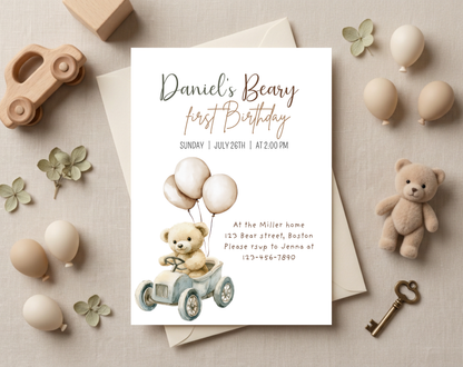 Teddy Bear First Birthday Invitation Template | Editable Canva Template | 5x7in & WhatsApp | Digital Download