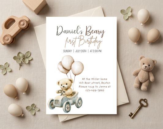 Teddy Bear First Birthday Invitation Template | Editable Canva Template | 5x7in & WhatsApp | Digital Download