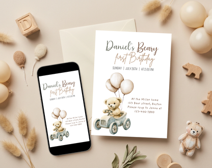 Teddy Bear First Birthday Invitation Template | Editable Canva Template | 5x7in & WhatsApp | Digital Download