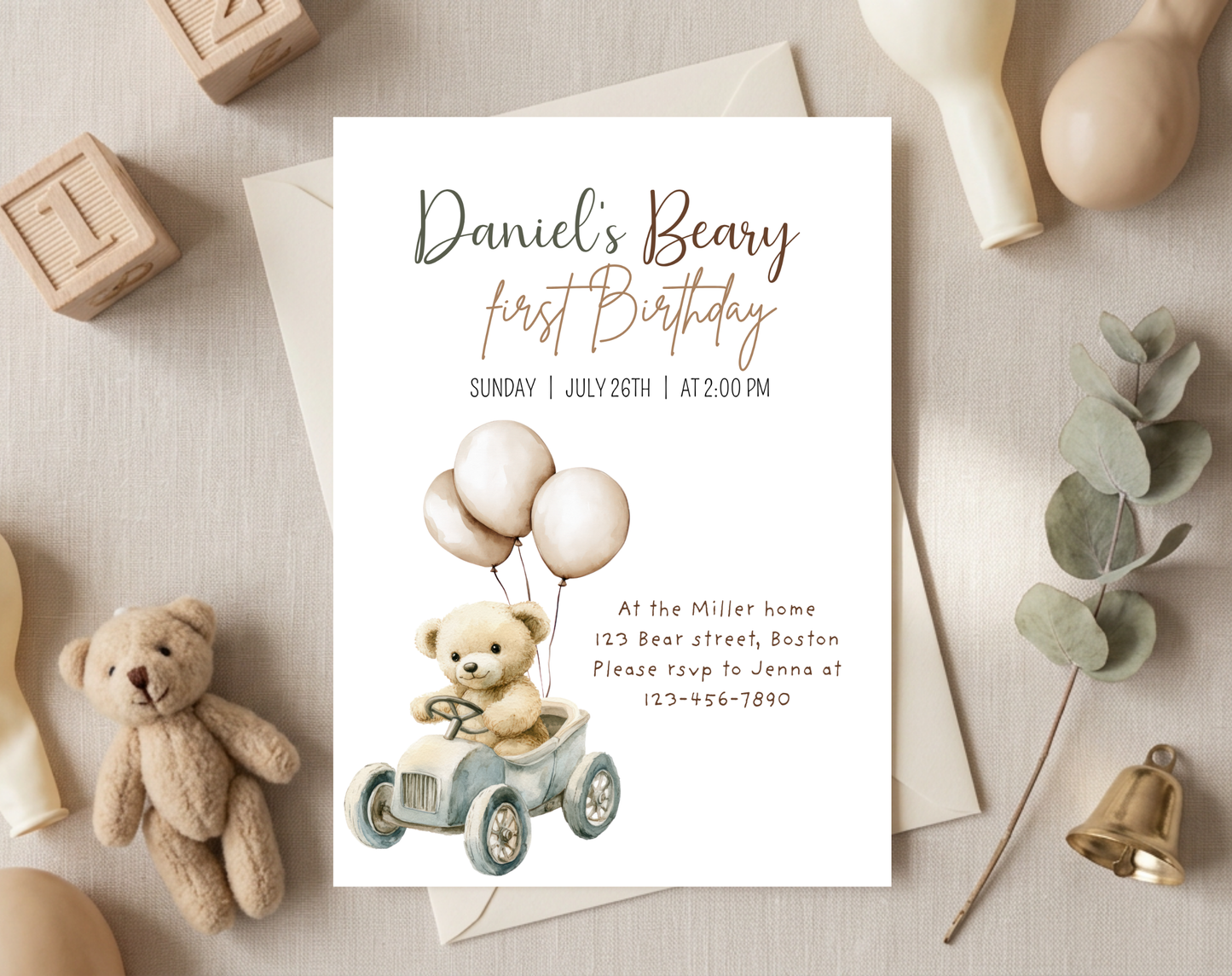 Teddy Bear First Birthday Invitation Template | Editable Canva Template | 5x7in & WhatsApp | Digital Download
