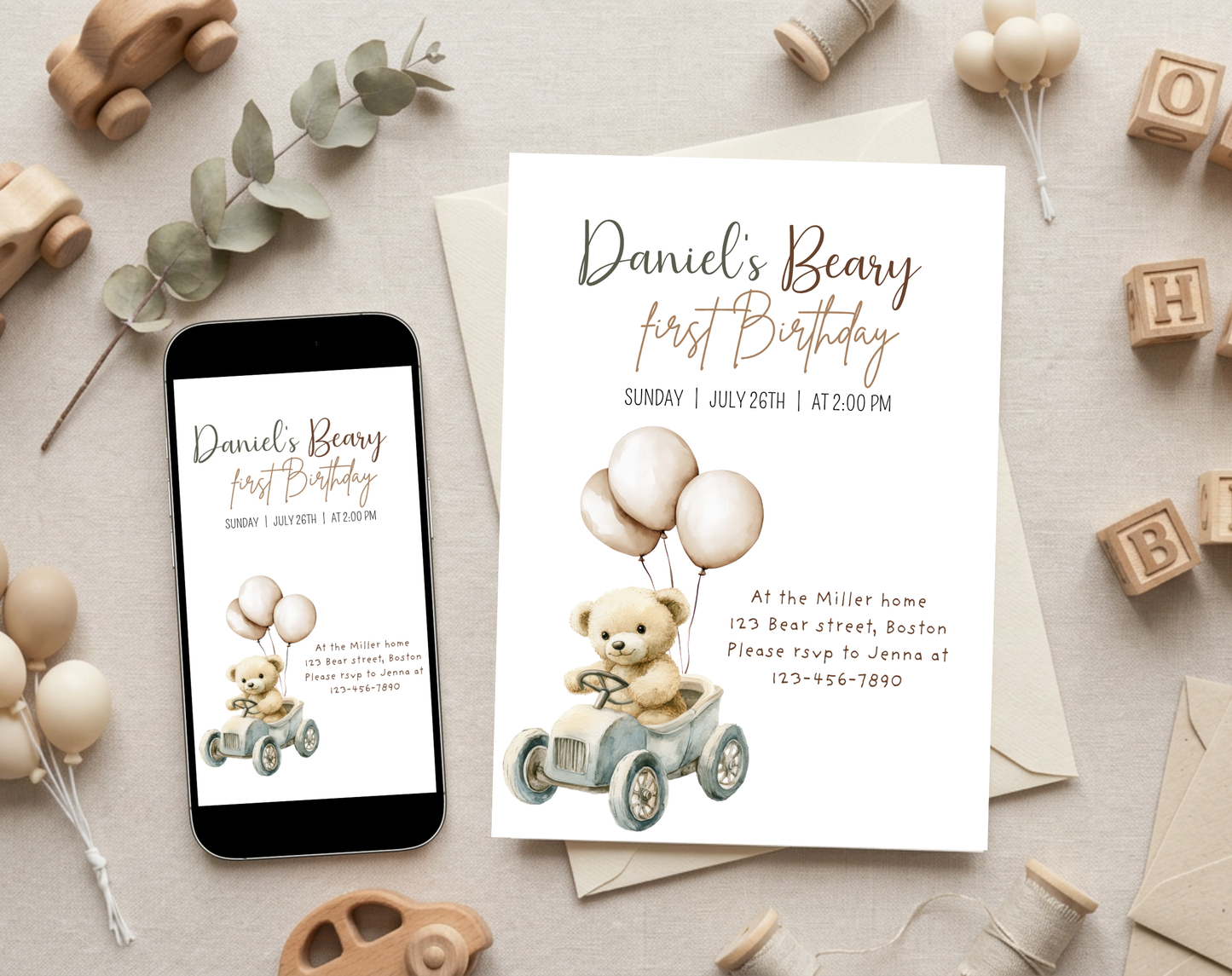Teddy Bear First Birthday Invitation Template | Editable Canva Template | 5x7in & WhatsApp | Digital Download