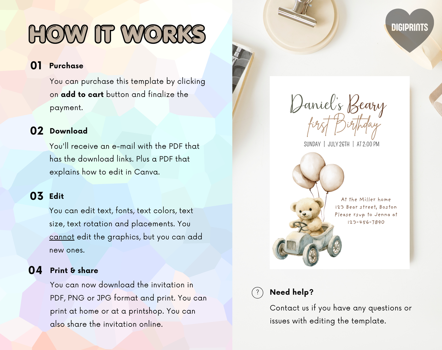 Teddy Bear First Birthday Invitation Template | Editable Canva Template | 5x7in & WhatsApp | Digital Download