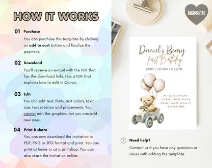 Teddy Bear First Birthday Invitation Template | Editable Canva Template | 5x7in & WhatsApp | Digital Download