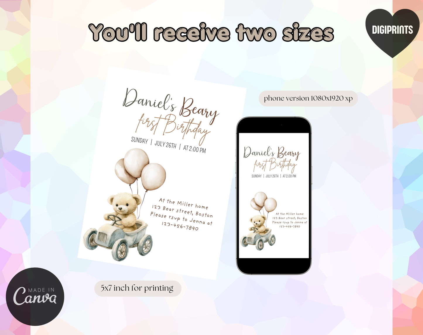 Teddy Bear First Birthday Invitation Template | Editable Canva Template | 5x7in & WhatsApp | Digital Download