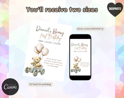 Teddy Bear First Birthday Invitation Template | Editable Canva Template | 5x7in & WhatsApp | Digital Download