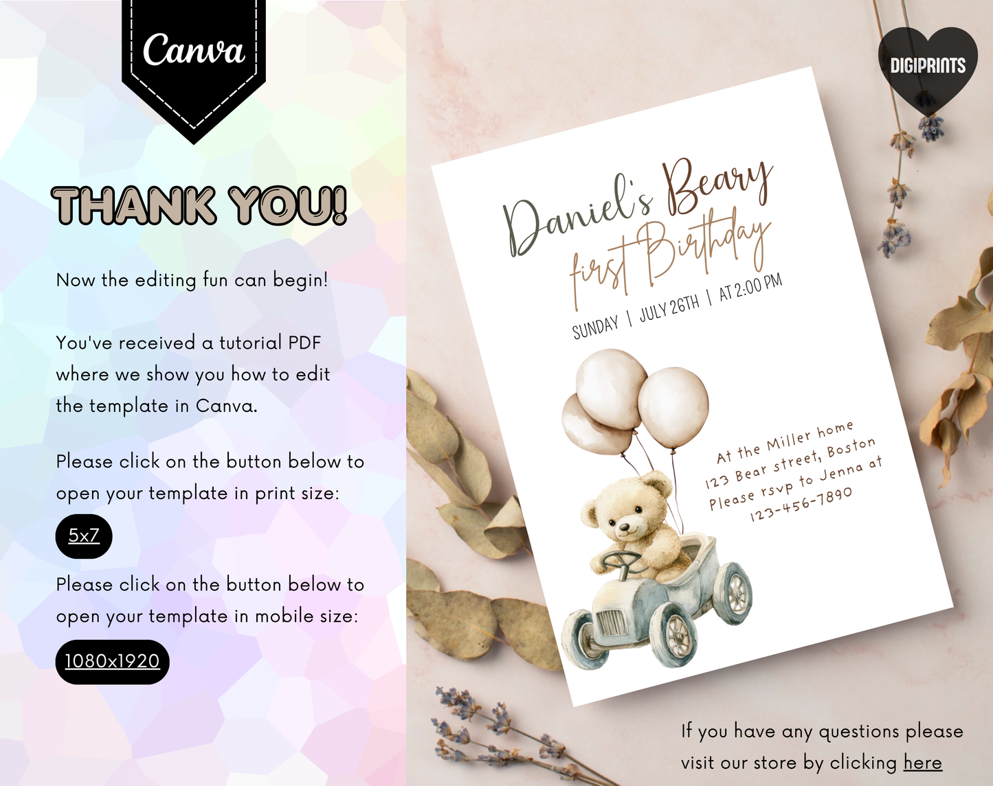 Teddy Bear First Birthday Invitation Template | Editable Canva Template | 5x7in & WhatsApp | Digital Download
