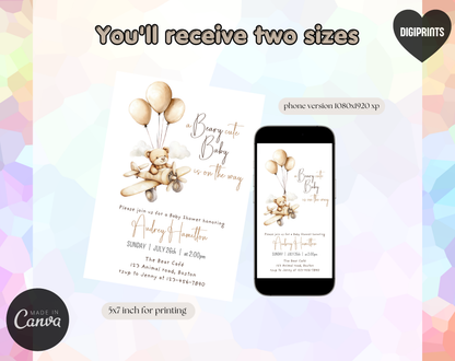 Teddy Bear Baby Shower Invitation Template | Editable Canva Template | 5x7in & WhatsApp | Digital Download
