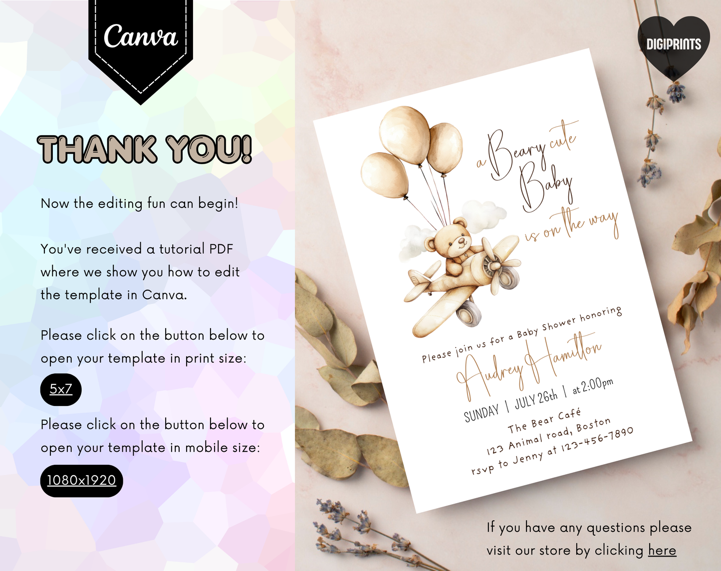 Teddy Bear Baby Shower Invitation Template | Editable Canva Template | 5x7in & WhatsApp | Digital Download