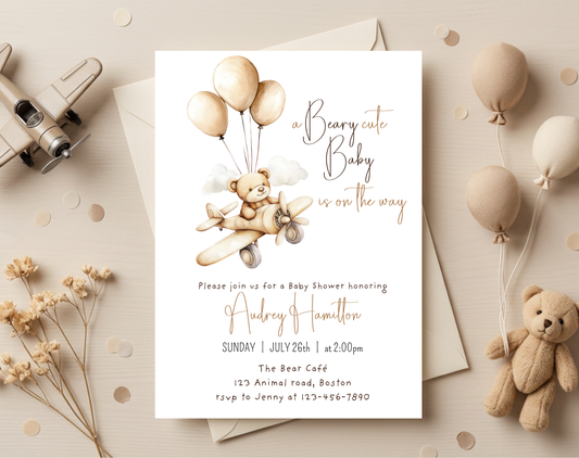 Teddy Bear Baby Shower Invitation Template | Editable Canva Template | 5x7in & WhatsApp | Digital Download
