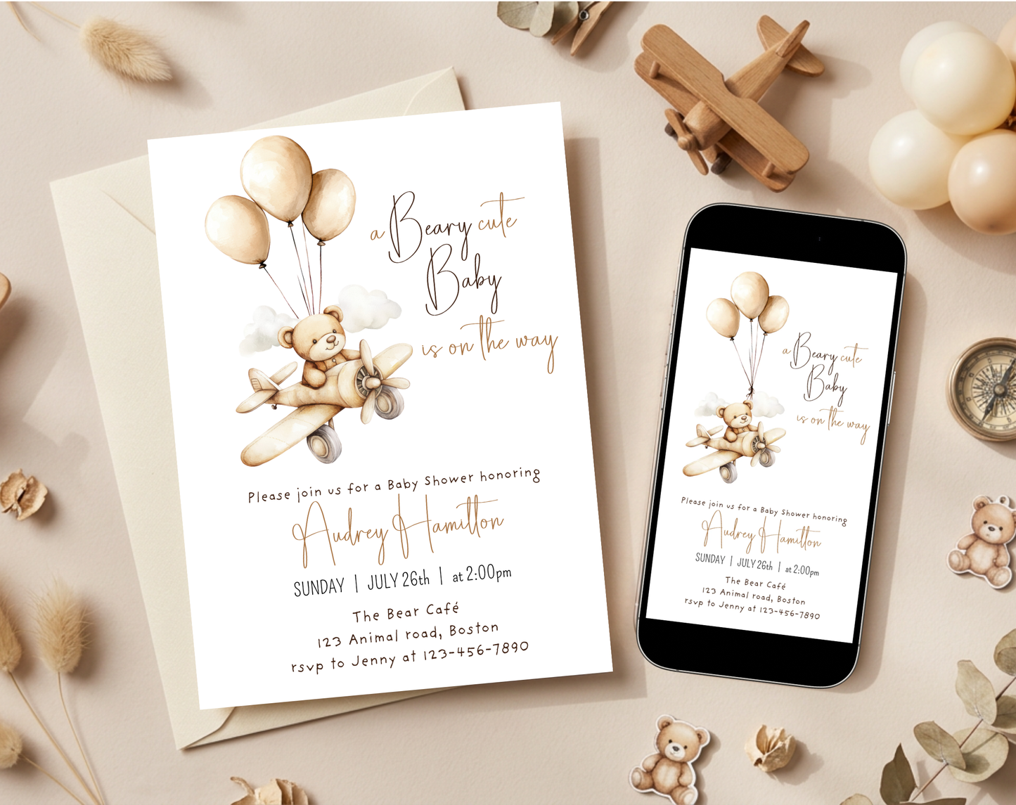 Teddy Bear Baby Shower Invitation Template | Editable Canva Template | 5x7in & WhatsApp | Digital Download