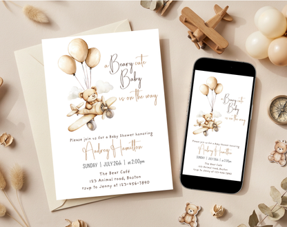 Teddy Bear Baby Shower Invitation Template | Editable Canva Template | 5x7in & WhatsApp | Digital Download