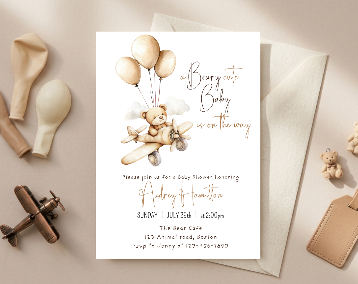 Teddy Bear Baby Shower Invitation Template | Editable Canva Template | 5x7in & WhatsApp | Digital Download