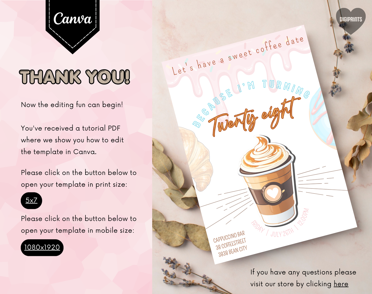 Coffee Date Birthday Invitation Template | Editable Canva Template | 5x7in & WhatsApp | Digital Download