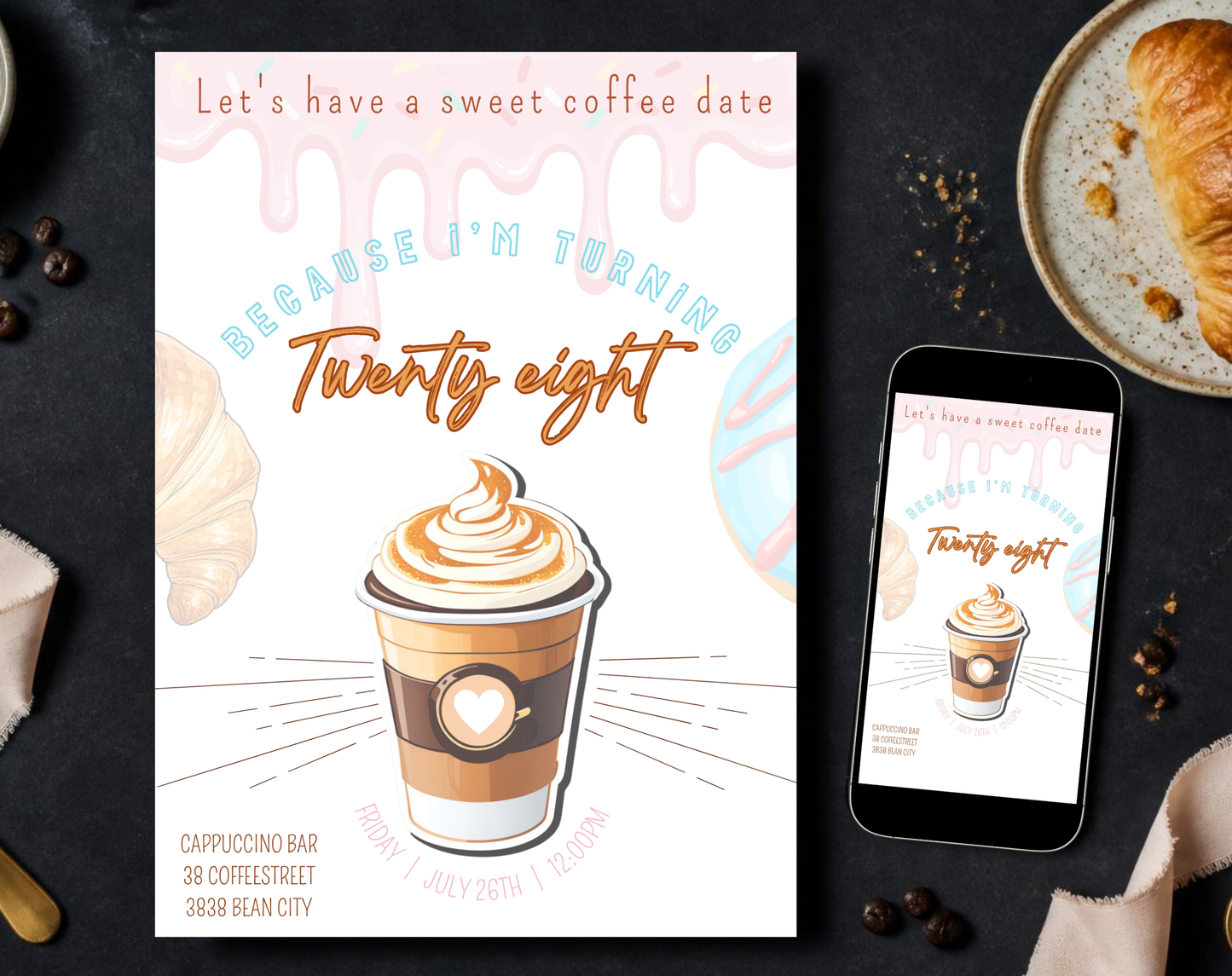 Coffee Date Birthday Invitation Template | Editable Canva Template | 5x7in & WhatsApp | Digital Download