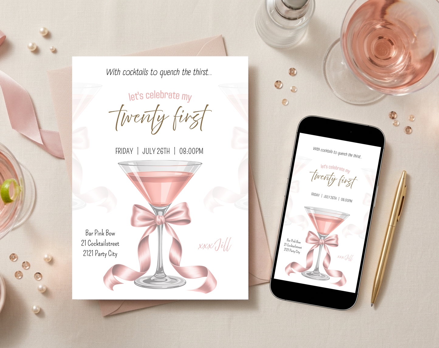 21st Birthday Cocktail Invitation Template | Editable Canva Template | 5x7in & WhatsApp | Digital Download