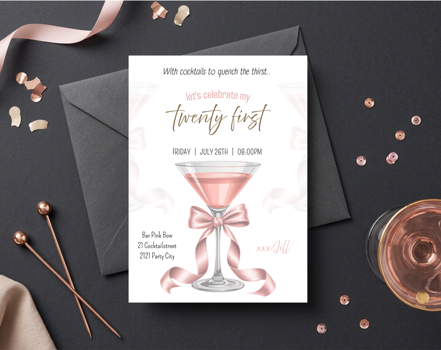 21st Birthday Cocktail Invitation Template | Editable Canva Template | 5x7in & WhatsApp | Digital Download