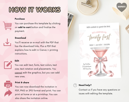 21st Birthday Cocktail Invitation Template | Editable Canva Template | 5x7in & WhatsApp | Digital Download