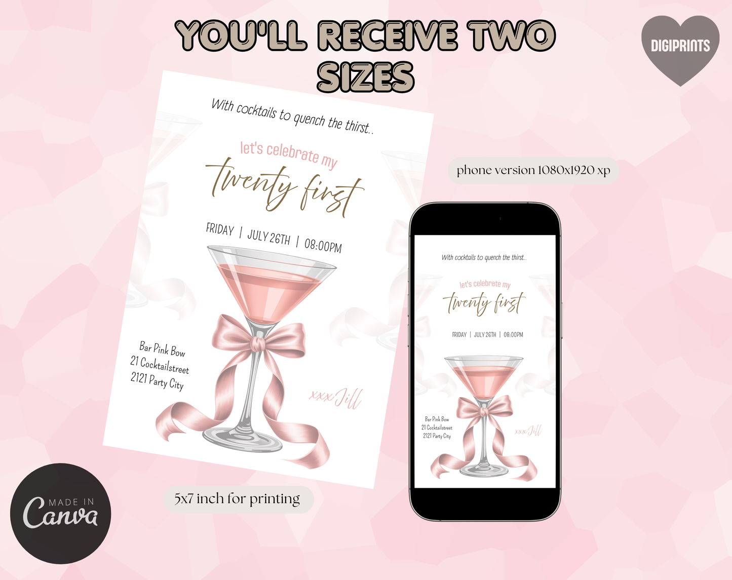 21st Birthday Cocktail Invitation Template | Editable Canva Template | 5x7in & WhatsApp | Digital Download