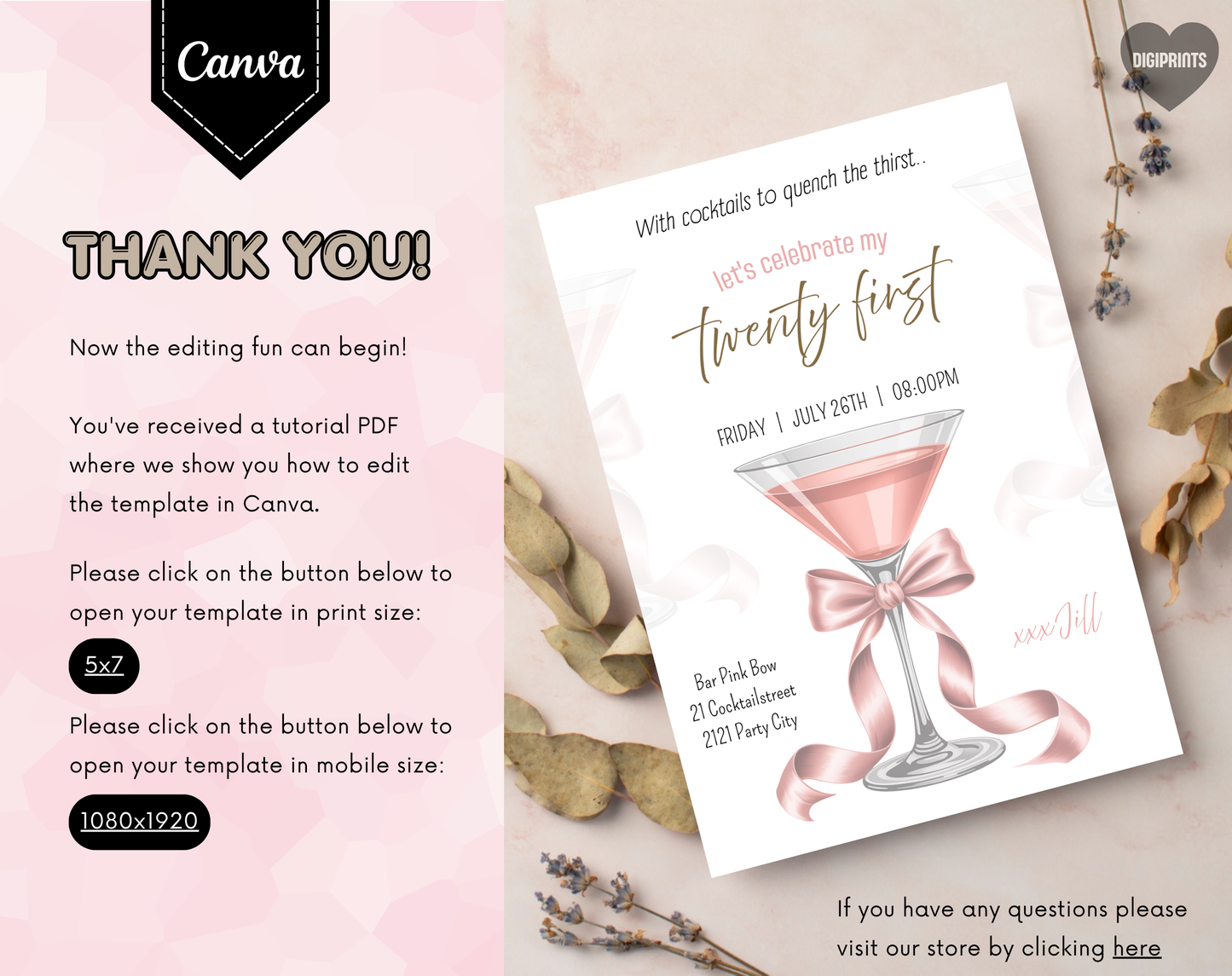 21st Birthday Cocktail Invitation Template | Editable Canva Template | 5x7in & WhatsApp | Digital Download