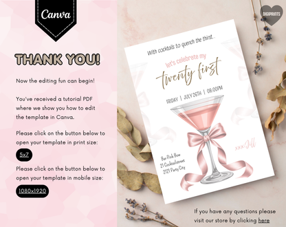 21st Birthday Cocktail Invitation Template | Editable Canva Template | 5x7in & WhatsApp | Digital Download