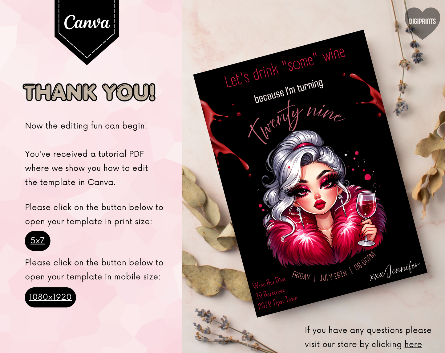29th Birthday Wine Diva Invitation Template Black Edition | Editable Canva Template | 5x7in & WhatsApp | Digital Download