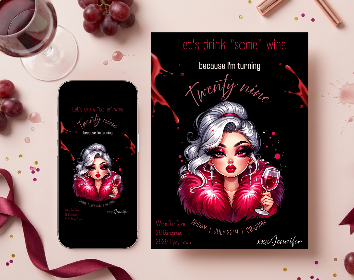 29th Birthday Wine Diva Invitation Template Black Edition | Editable Canva Template | 5x7in & WhatsApp | Digital Download